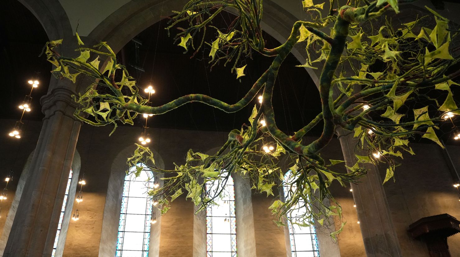 Krønne greiner svevende foran vinduer i middelalderkirke. Foto.