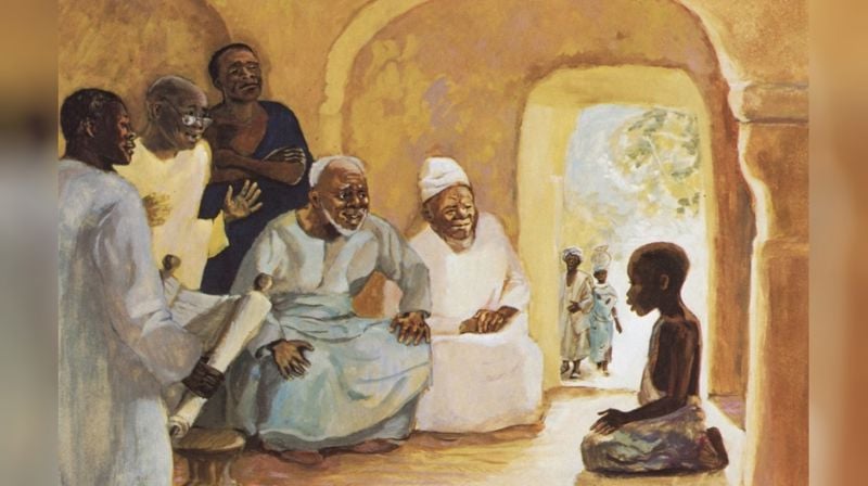 Jesus som tolv-åring i tempelet, scene framført av Mafa-folket i Kamerun, malt av Bénédite de la Roncière