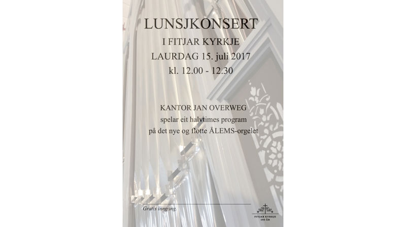 Lunsjkonsert i Fitjar kyrkje - laurdag 15. juli kl. 12.00